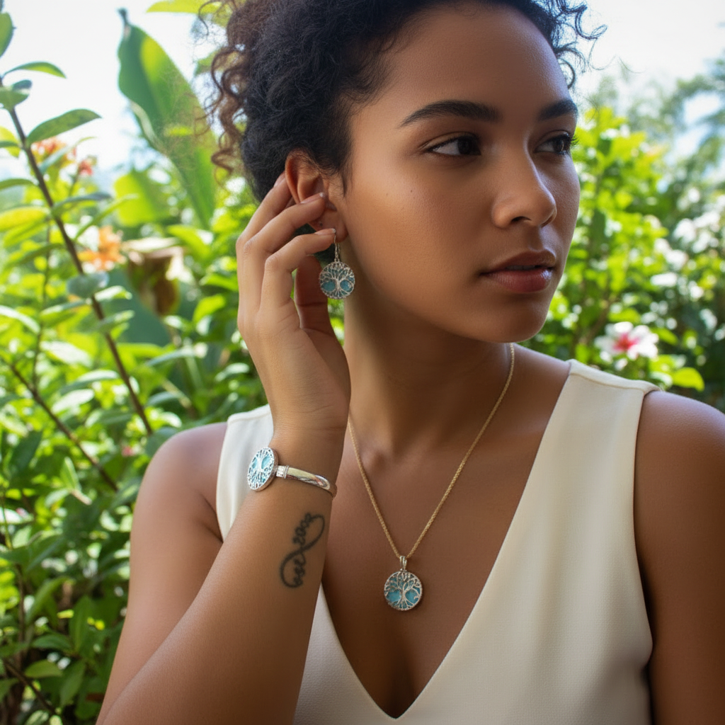 Sterling silver larimar tree of life set.