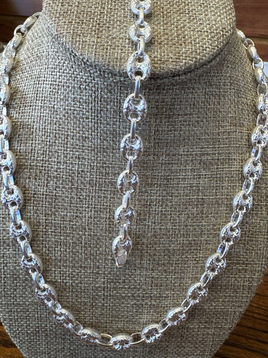 Sterling silver adjustable puff link necklace, hand chain set.