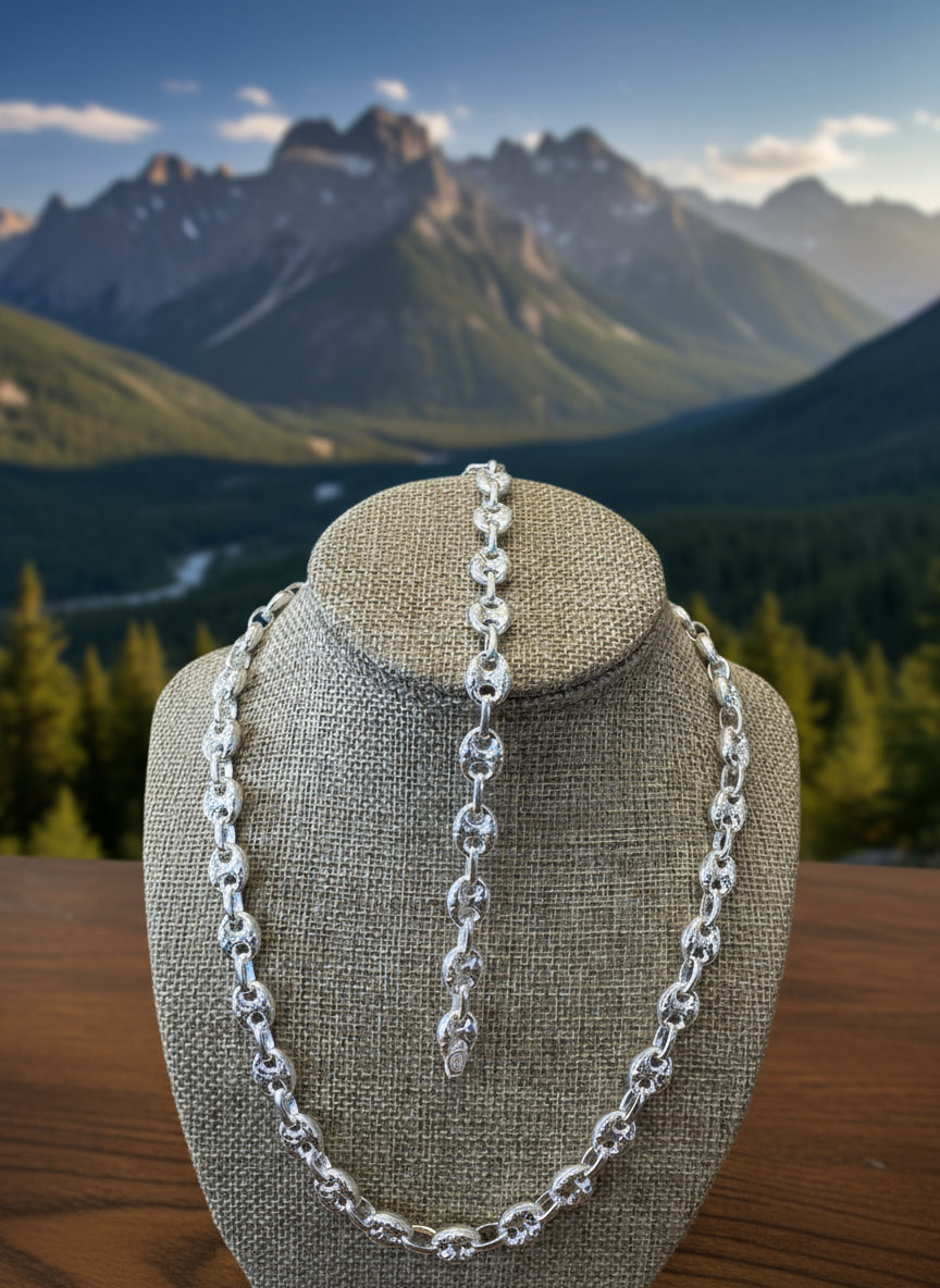 Sterling silver adjustable puff link necklace, hand chain set.