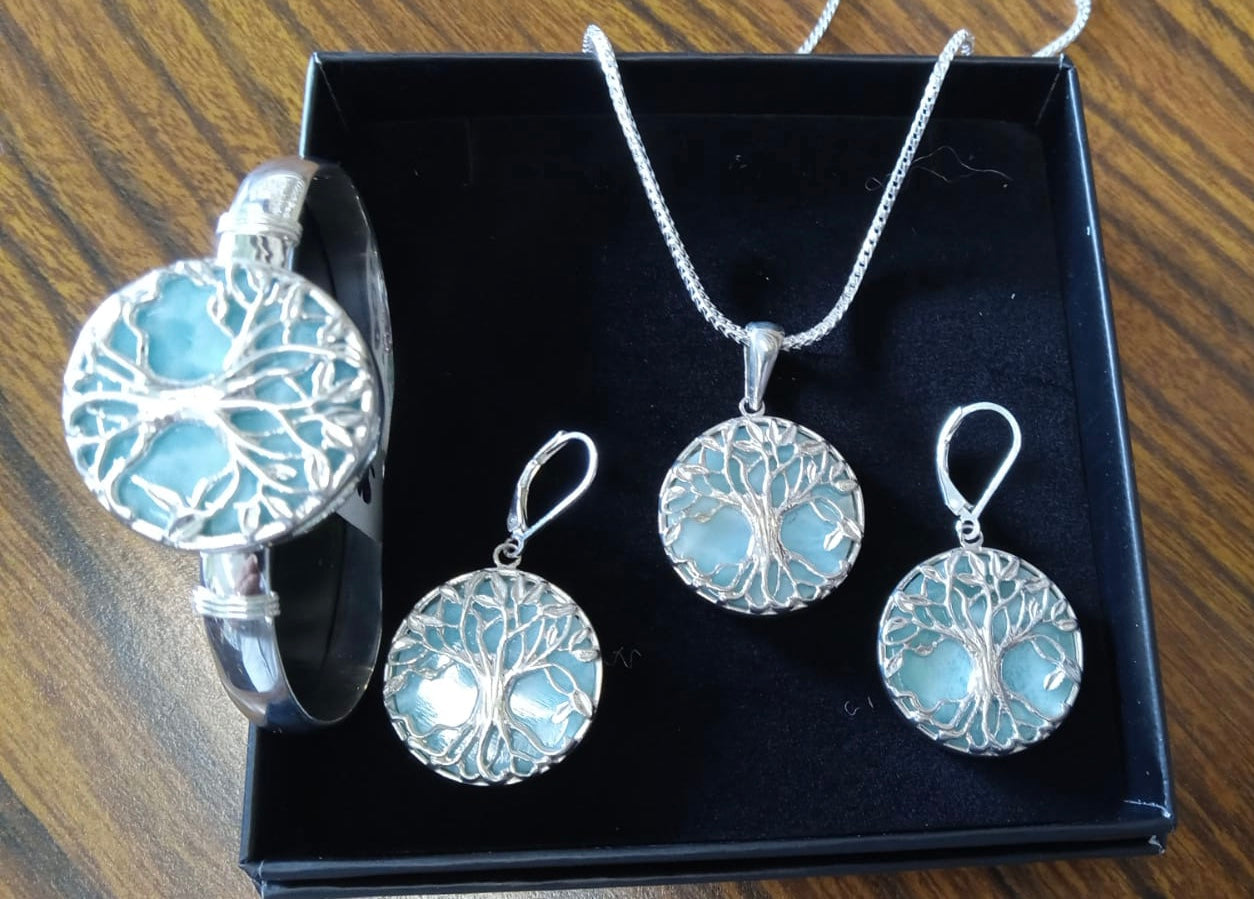 Sterling silver larimar tree of life set.