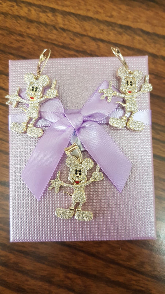 Solid 10 K gold Mickey Mouse earrings and pendant set.