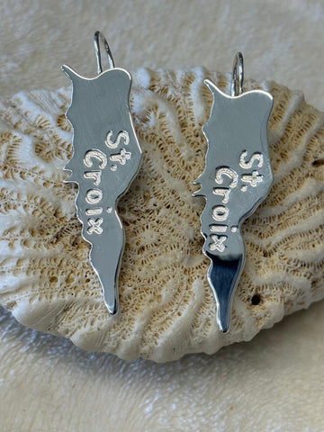 Sterling silver Saint Croix map earrings.