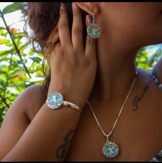 Sterling silver larimar tree of life set.