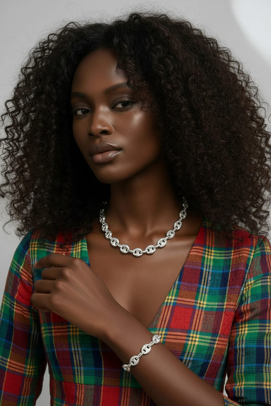 Sterling silver adjustable puff link necklace, hand chain set.