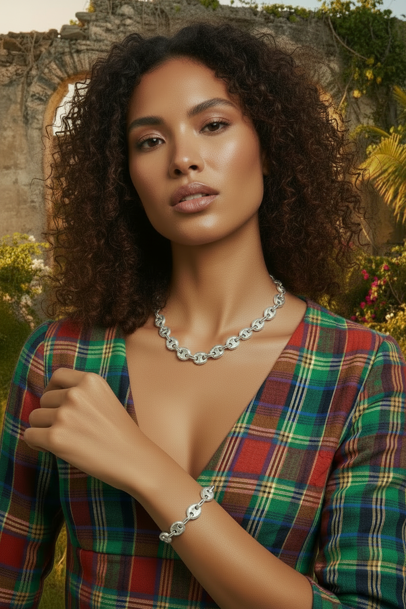 Sterling silver adjustable puff link necklace, hand chain set.