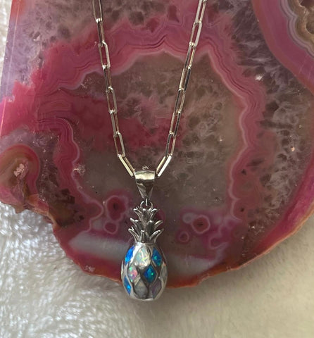 Sterling silver chain and pineapple-opal pendant.