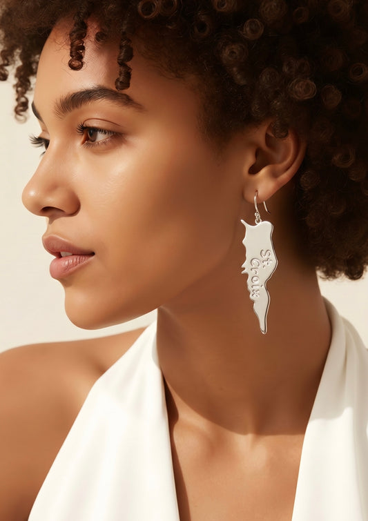 Sterling silver Saint Croix map earrings.