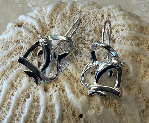 Sterling silver heart with dolphin earrings.