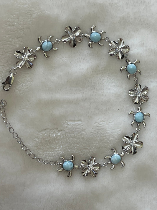 Sterling silver adjustable larimar stone flower anklet.