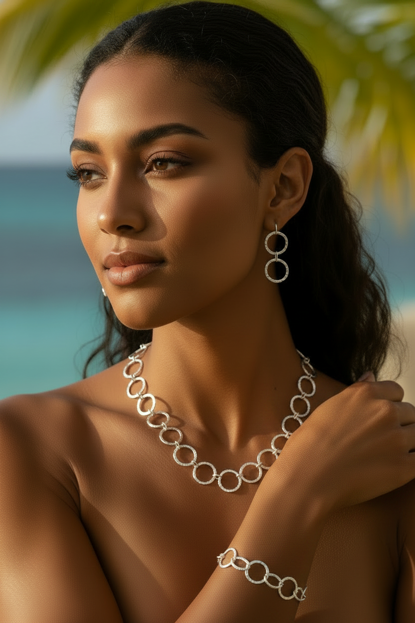 Sterling silver (925) adjustable circle set.(earrings,hand chain, necklace)
