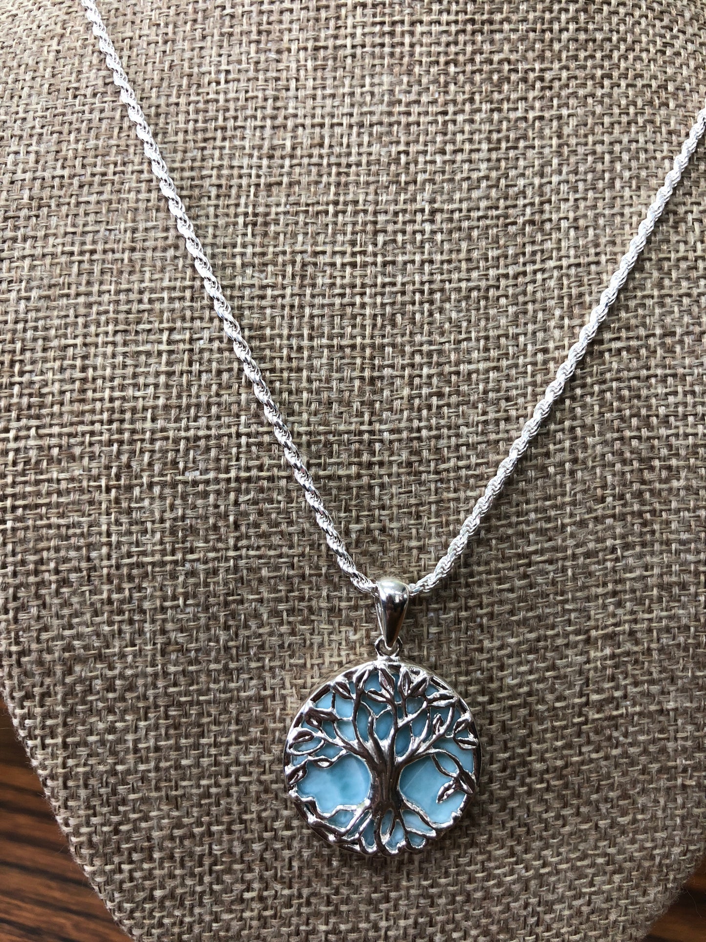 Tree of life 925 sterling silver Larimar stone pendant and chain