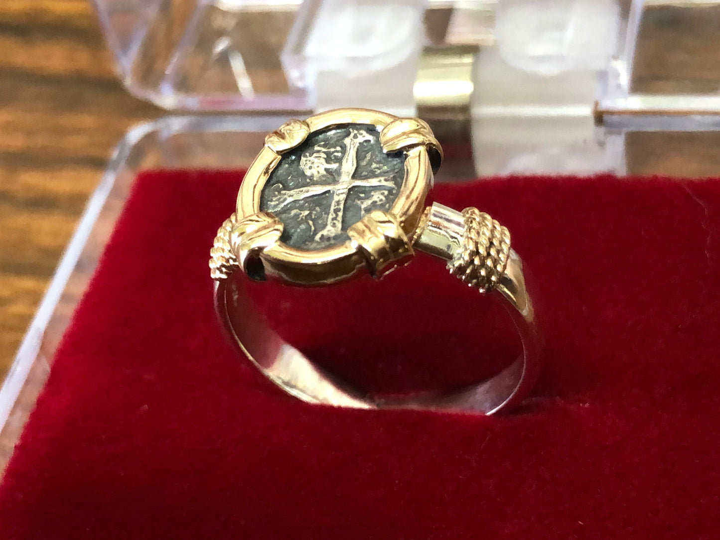 Solid 14k gold frame sterling silver Spanish coin ring.