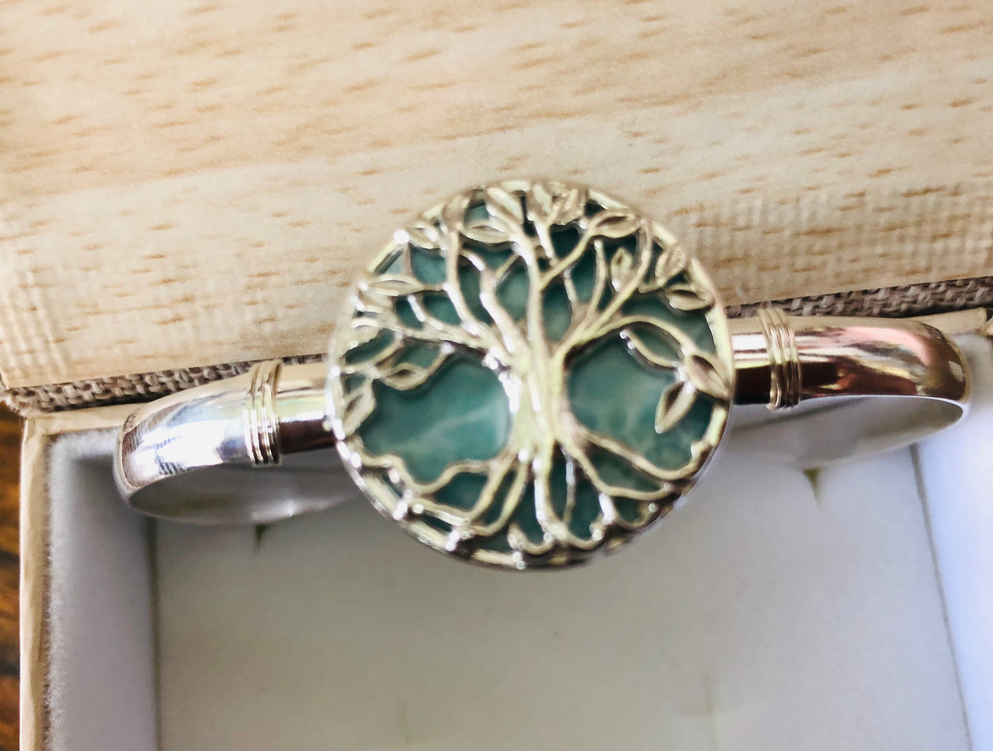 Sterling silver Larimar tree of life bracelet .