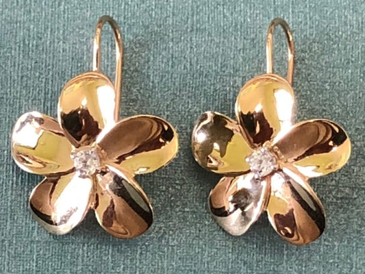 Solid 14 k and 10 k gold Plumeria flowers earrings (Nickel size)