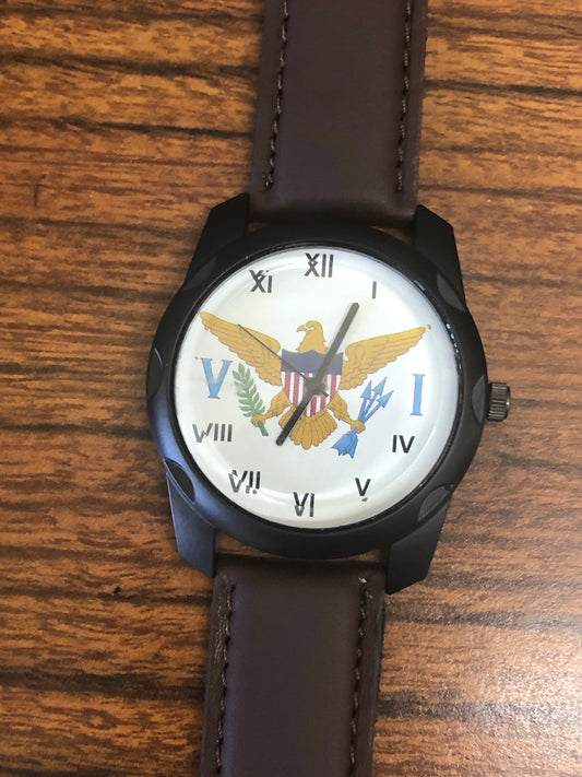 VI flag leather band watch.