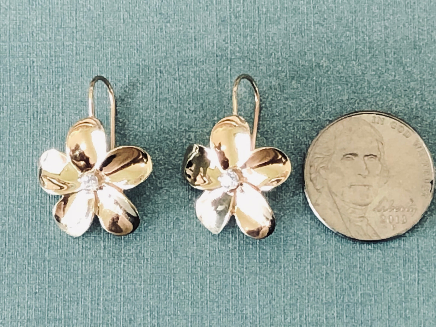 Solid 14 k and 10 k gold Plumeria flowers earrings (Nickel size)