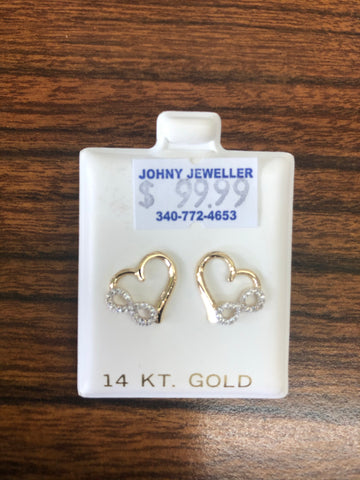 Solid 14 k gold heart with infinity earrings.